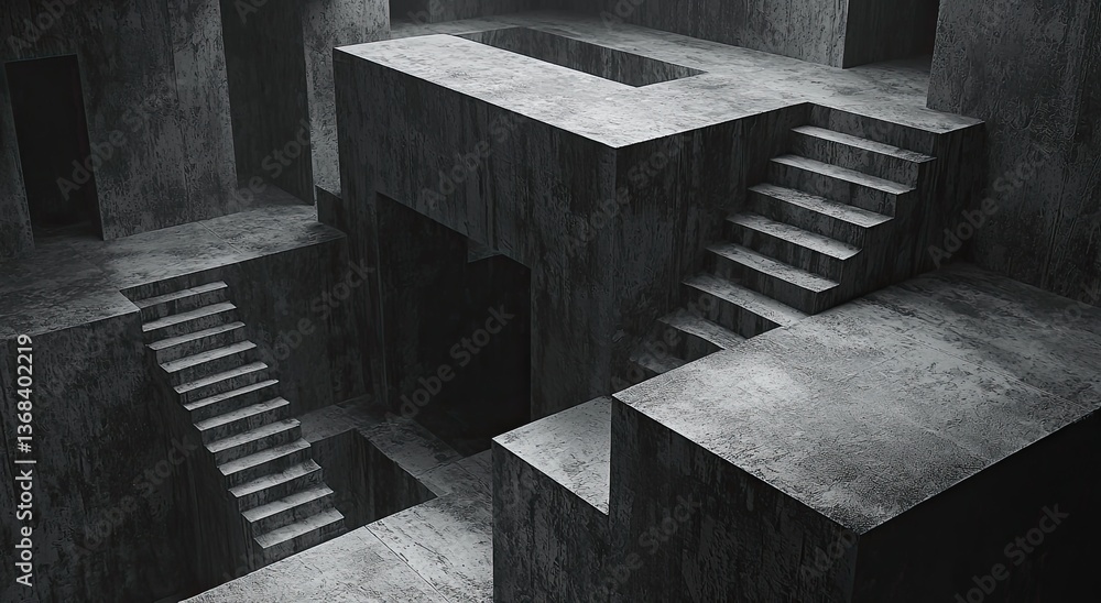 Poster a surreal, abstract scene featuring geometric concrete structures with stairs, creating an illusion 