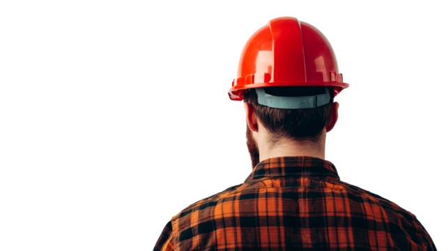 Construction worker with red hard hat, cut out transparent