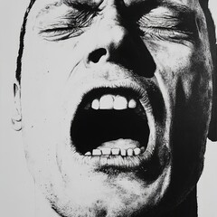 black and white portrait of a screaming face with eyes closed

