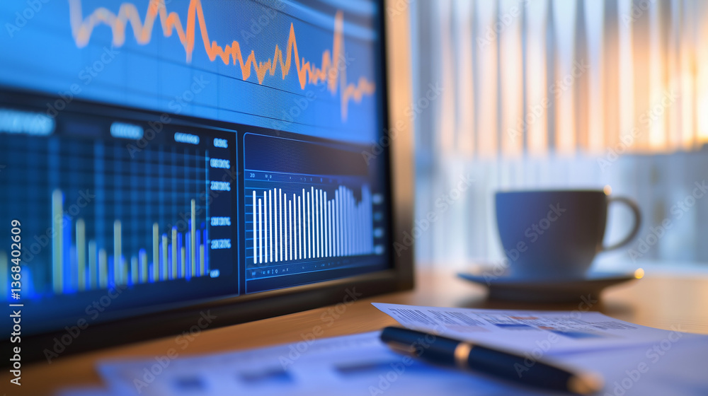 Poster global reporting initiative concept, financial data analysis stock market charts graphs and reports 