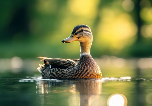 Female Mallard Duck Swimming in a Calm Pond at Sunrise