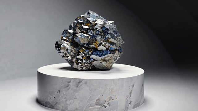 Shiny pyrite crystals on white pedestal with a gradient background
