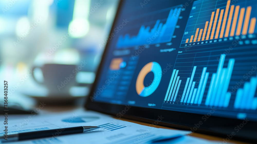 Poster global reporting initiative concept, financial data analysis charts graphs and reports on laptop scr