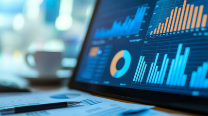 Global Reporting Initiative Concept, Financial Data Analysis Charts Graphs and Reports on Laptop Screen