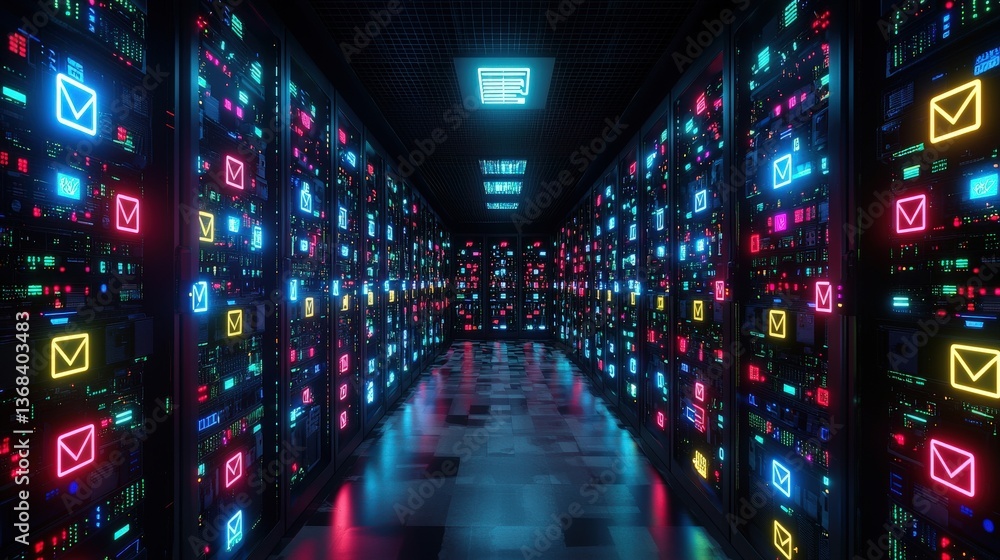 Poster secure server room filled with glowing ballot icons representing encrypted election data