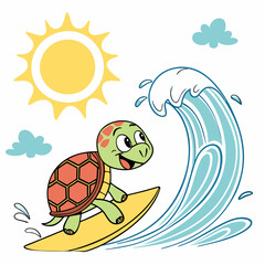Happy Turtle Surfing Ocean Wave, Summer Sun, Cartoon Illustration