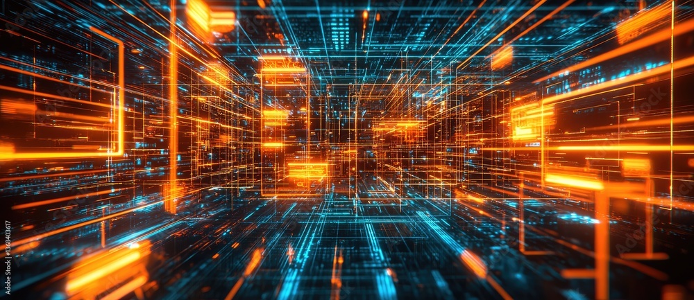 Poster a vibrant digital landscape showcasing dynamic lines of light in blue and orange, representing techn