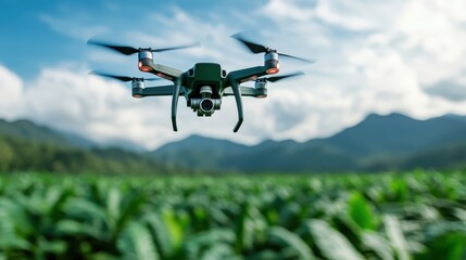 This close-up image captures a drone flying over fertile fields with imposing mountains in the background, highlighting the blend of nature and modern technology.