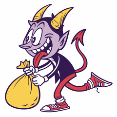 Mischievous Cartoon Devil Carrying a Bag of Gold