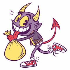 Mischievous Cartoon Devil Carrying a Trash Bag in Retro Style