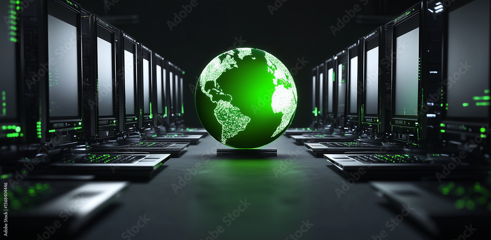 Poster global reporting initiative concept, global network illuminated earth globe amidst a row of modern c