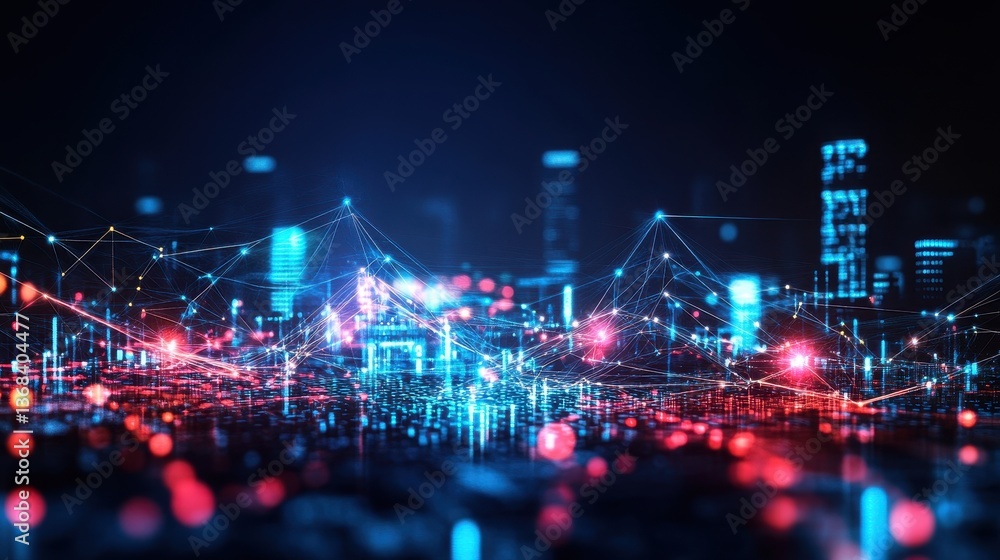 Poster abstract digital cityscape at night showcasing luminous nodes and interconnected lines symbolizing d