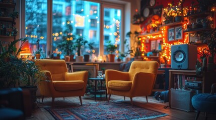 Cozy living room with warm lighting, plants, and comfortable seating