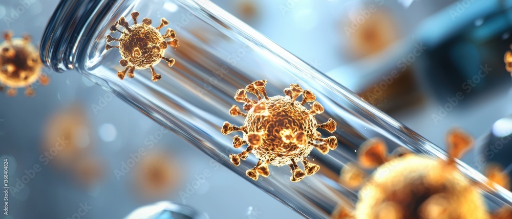 Poster innovative medical research breakthrough featuring floating virus models and digital visualizations 