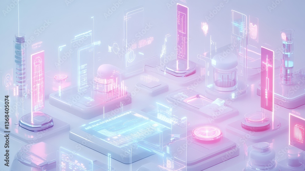 Poster futuristic digital interface displays information on multiple white platforms