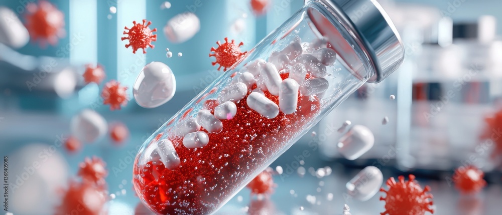 Poster close-up view of a laboratory test tube containing a liquid solution with microscopic virus particle