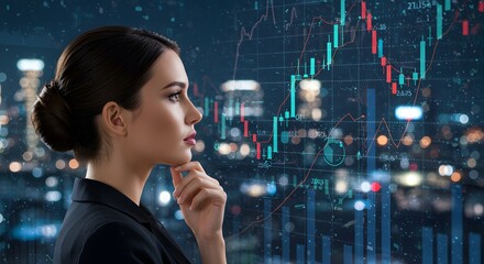 A pensive businesswoman contemplating market trends against a vibrant cityscape backdrop, illuminated by soft, cool city lights and dynamic financial charts.