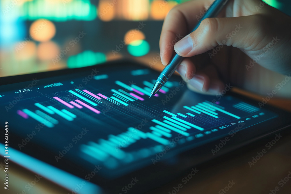 Poster global reporting initiative concept, analyzing financial data on tablet close up of hand using stylu