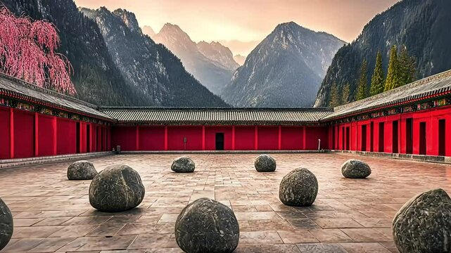 Red temple courtyard, mountain sunrise, China, zen garden