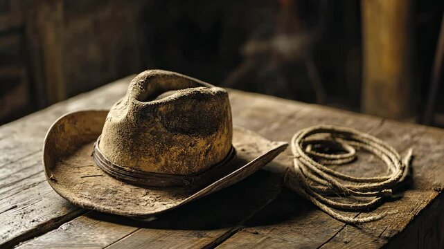 A dusty cowboy hat resting on a rustic wooden table beside a coiled lasso digital
