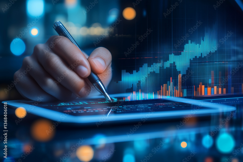Aufkleber analyzing financial data close up of hands using stylus on tablet with stock market graph overlay