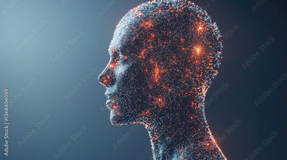 Poster futuristic abstract human head with neural network connection concept in 3d digital art