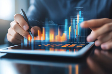 Businessperson Analyzing Financial Data on Digital Tablet with Stylus Stock Market Graphs Charts