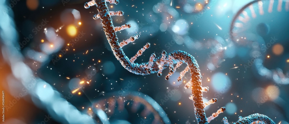 Poster an abstract, futuristic image depicting the microscopic manipulation of dna structures, representing