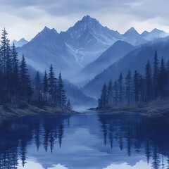 Serene Blue Mountain Lake Reflection.
