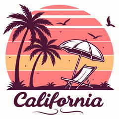 California Sunset: Beach Chair, Palm Trees, and Retro Vibes