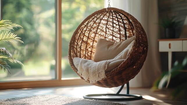 Cozy wicker hanging chair bathed in sunlight