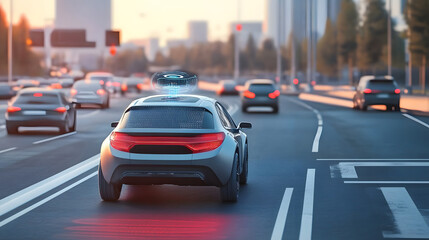 Fototapeta premium This illustration depicts an autonomous vehicle on the road. It is equipped with sensors that scan its surroundings for safe, driverless navigation.