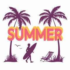 Naklejka premium Summer Vacation: Surfer, Palm Trees, Beach Chair, and Ocean View