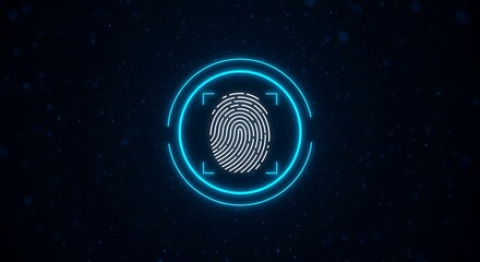 A glowing fingerprint scan with blue circles and a square outline on a dark background with dots