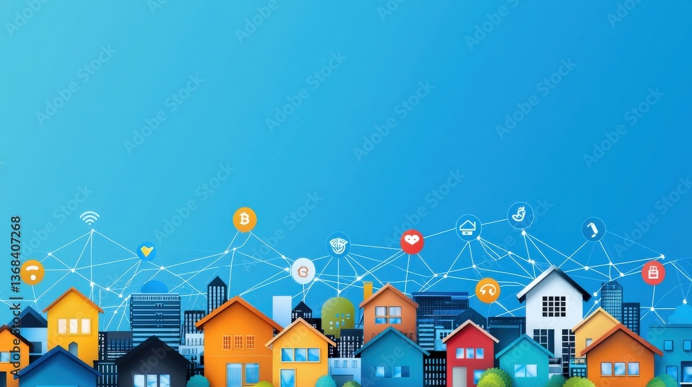 Poster smart cityscape with houses linked by blockchain symbols