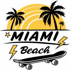 Obraz premium Miami Beach Skateboarding Graphic Design, Palm Trees Sunset