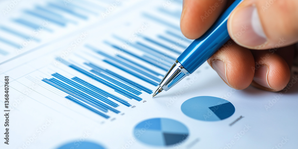 Poster analyzing business charts close up of hand with pen reviewing financial data graphs and pie charts