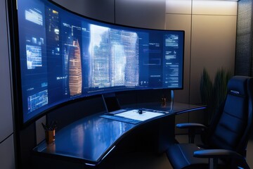 Naklejka premium Modern workspace with curved display showcasing data and city skyline at night
