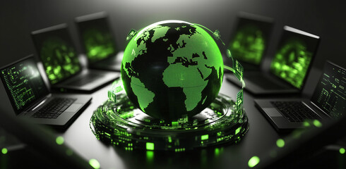 Global Network Security Digital Earth with Connected Laptops Displaying Green Code