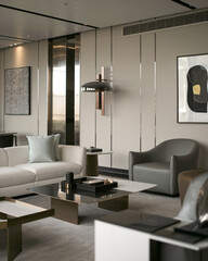 Contemporary living room featuring sleek furniture, abstract wall art, metallic accents, and a modern coffee table, creating an ideal space for stylish urban living with a chic, minimalist vibe.

