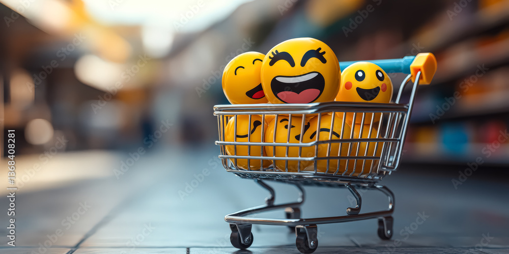 Poster shopping cart filled with smiling faces is in a store. the cart is silver and has a blue handle. the