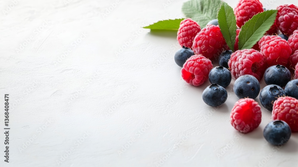 Aufkleber fresh raspberries and blueberries arranged on a white surface create a visually appealing compositio