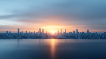 Fototapeta premium Serene city skyline at sunset with reflective water surface