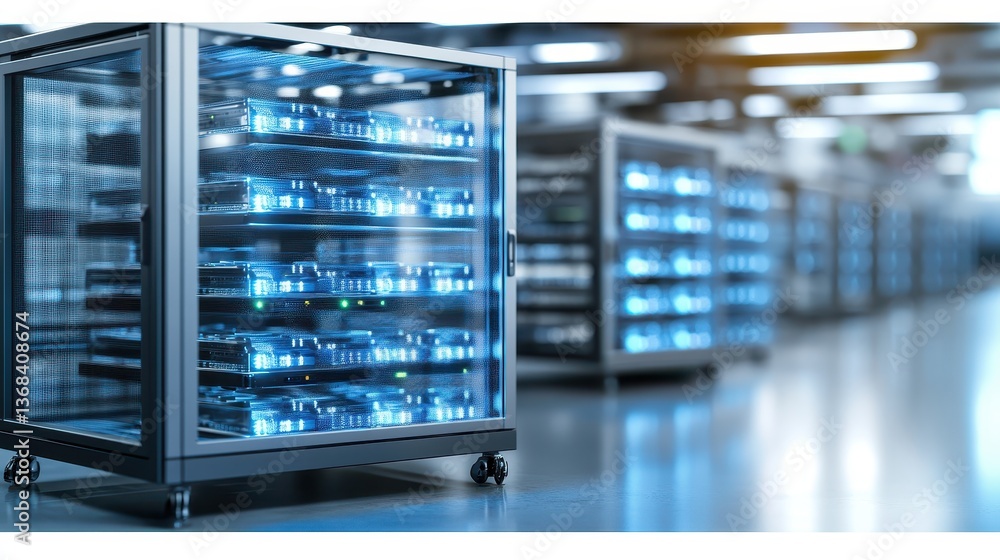 Poster a row of illuminated server racks in a modern data center showcasing internal components and highlig