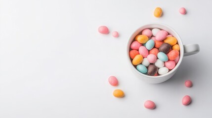 Colorful candy eggs in a white cup on a light background