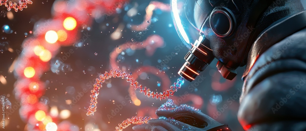 Poster a scientist in a laboratory setting, intently focused on examining genetic sequences through a high-