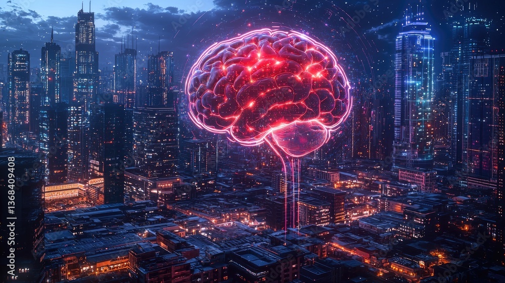 Poster futuristic cityscape with neon brain representation and ai concept connecting urban environment