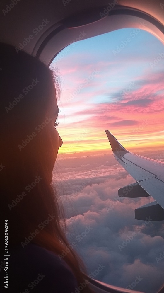 Aufkleber passenger gazes out of airplane window at colorful sunset over clouds during flight generative ai