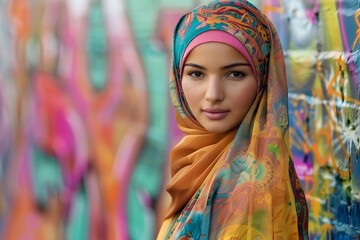 Fototapeta premium Empowered Muslim Woman Embracing Diversity in Front of Graffiti Wall