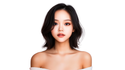 Asian woman portrait, face with short dark hair style, bare shoulders, cut out transparent